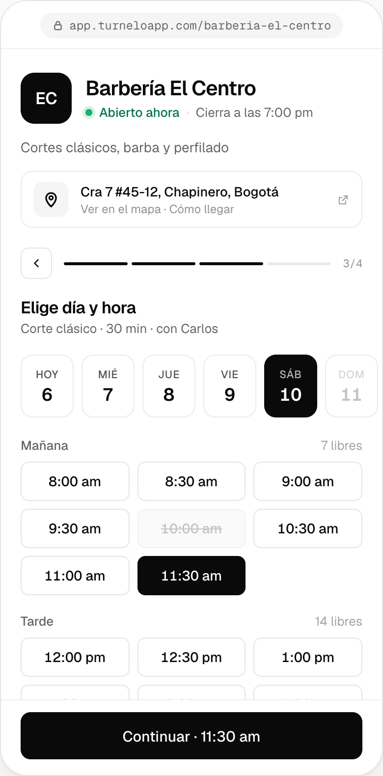 Página de reservas de Barbería El Centro