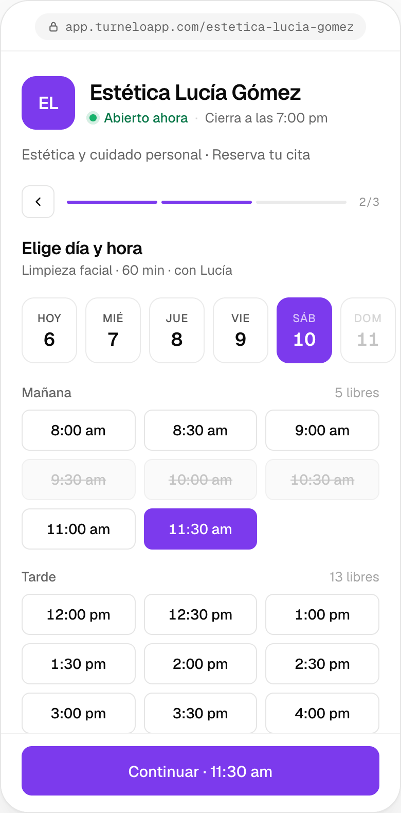 Página de reservas de Estética Lucía Gómez