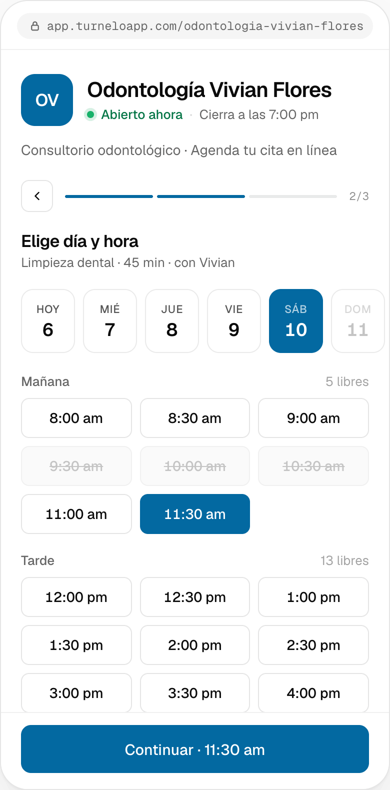 Página de reservas de Odontología Vivian Flores